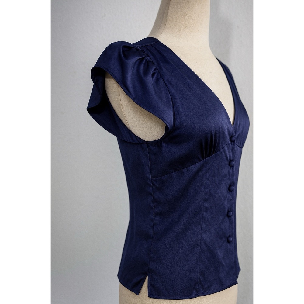 More Sunday Top‎ Womens S Navy Silk Satin Cap Sleeve Office Siren Romantic Y2K - Picture 10 of 11
